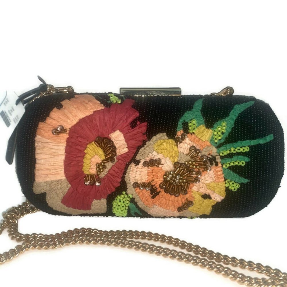 NWT J. Crew Black Floral Beaded Clutch
